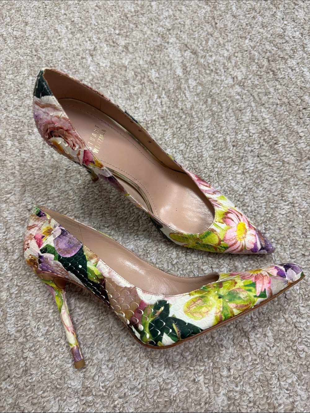 Stuart Weitzman Floral Pointed Toe Pumps in Pink, Green, Purple